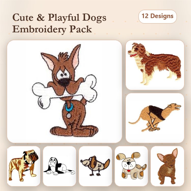 Dog Embroidery Bundle – Breeds & Cartoon Designs (12 Designs)
