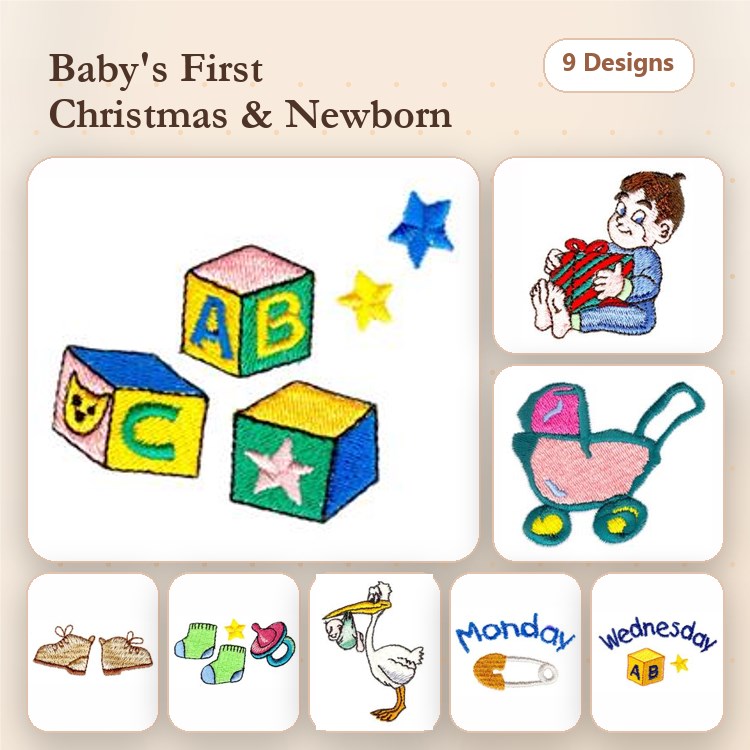Baby's First Christmas Embroidery Designs Bundle – ABC Blocks, Singing Baby, Baby Stroller & More (9 Designs)
