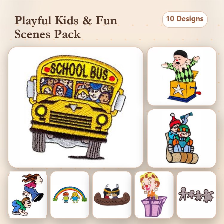 Playful Kids Embroidery Bundle – School Bus, Juggler, Sledding Kids & More (10 Designs)