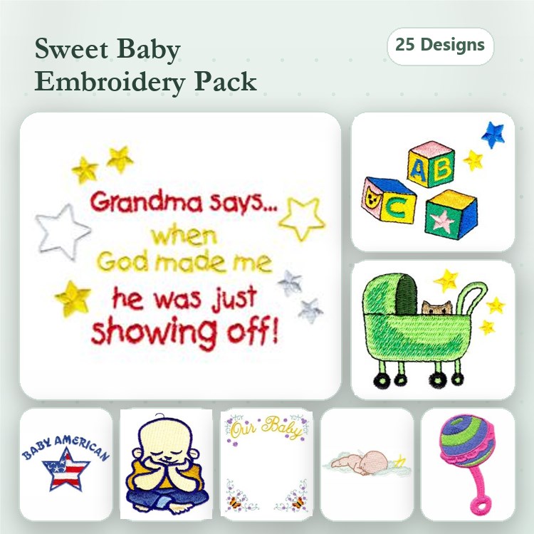 Baby Theme Embroidery Designs Bundle – Baby Carriage, Grandma Quote, ABC Blocks & More (25 Designs)