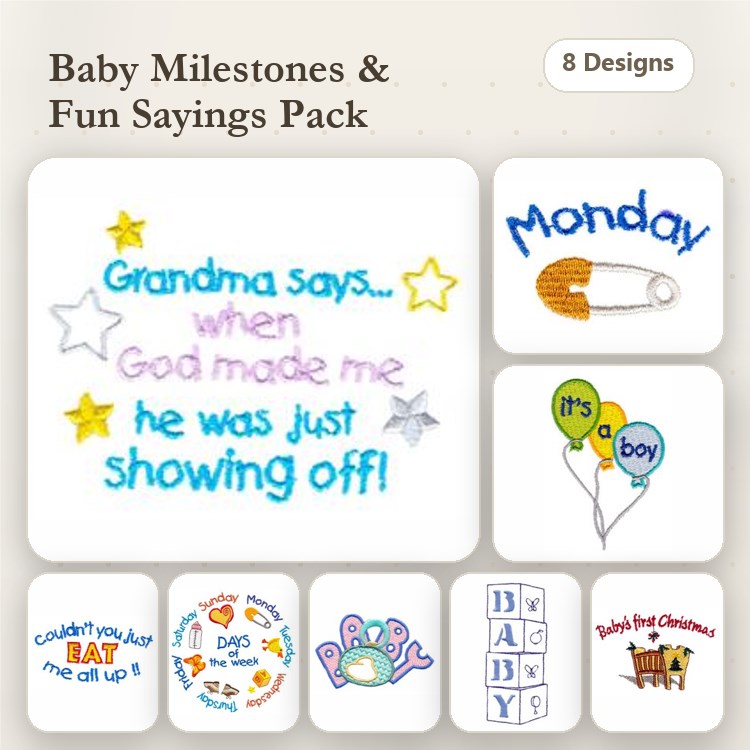 Baby Milestones & Sayings Embroidery Designs Bundle – Grandma Says Quote, It's a Boy Balloon, Baby Milestone Badge & More (8 Designs)