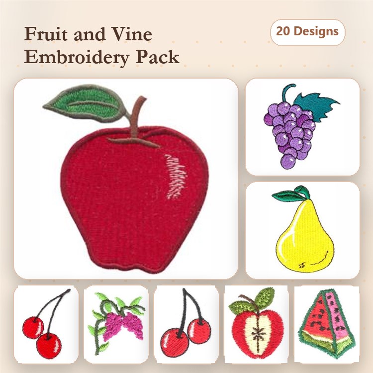 Fruit and Vine Embroidery Designs Bundle – Red Apple, Grapes, Yellow Pear & More (20 Designs)