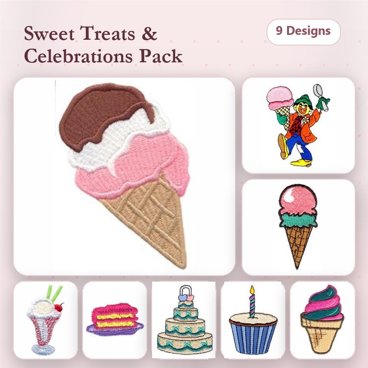 Sweet Treats & Celebrations Embroidery Designs Bundle – Ice Cream Cone, Birthday Cake, Cupcake with Candle & More (9 Designs)