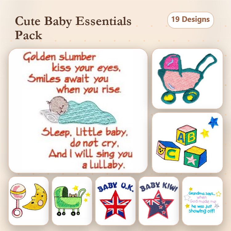 Baby Essentials Embroidery Designs Bundle – Baby Carriage, Lullaby Poem, Baby Blocks & More (19 Designs)