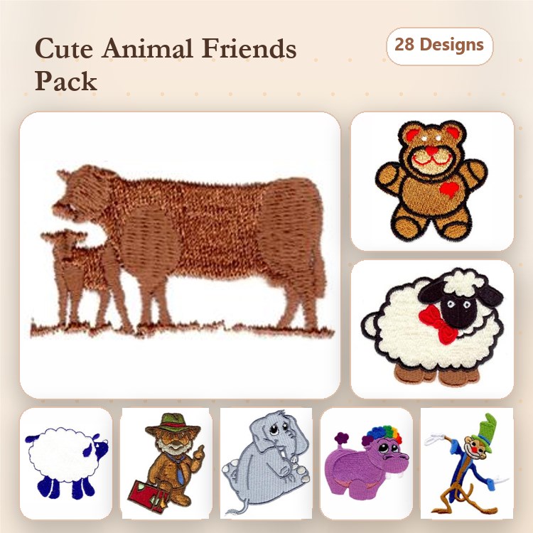 Cute Animal Friends Embroidery Designs Bundle – Cow with Calf, Teddy Bear, Sheep, Elephant & More (28 Designs)
