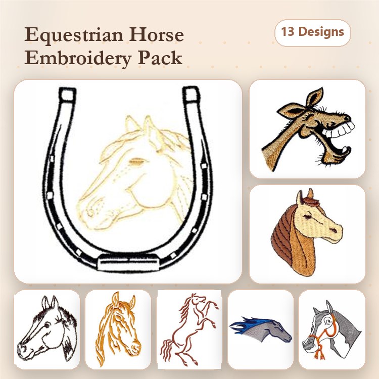 Equestrian Horse Embroidery Designs Bundle – Horseshoe, Horse Head Profile, Cartoon Horse & More (13 Designs)
