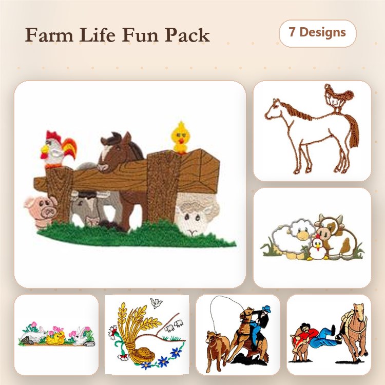 Farm Animal Embroidery Bundle – Rooster, Horse, Pig, Cow & More (7 Designs)