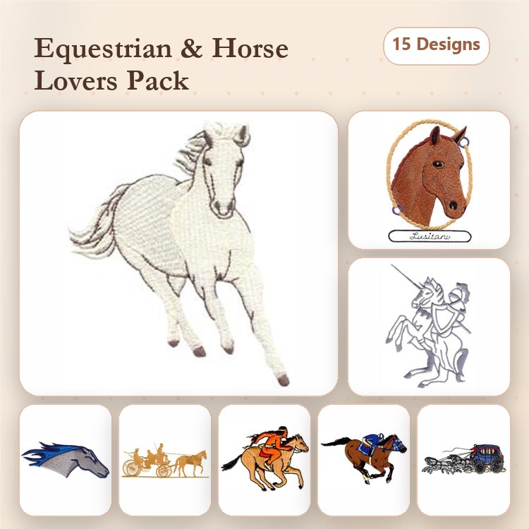 Equestrian Embroidery Bundle – Galloping Horse, Horse Head, Knights on Horses & More (15 Designs)