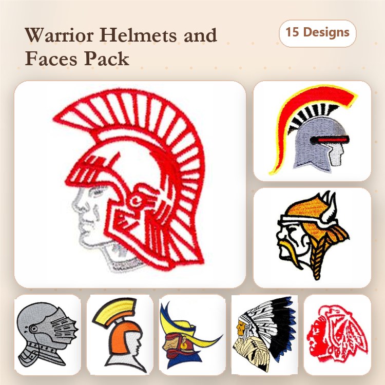 Warrior Helmets & Faces Embroidery Bundle – Spartan, Viking, Samurai, Gladiator & More (15 Designs)