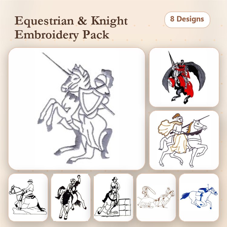 Equestrian & Knight Embroidery Bundle – Knight with Lance, Horse Jumping, Knight Charging & More (8 Designs)