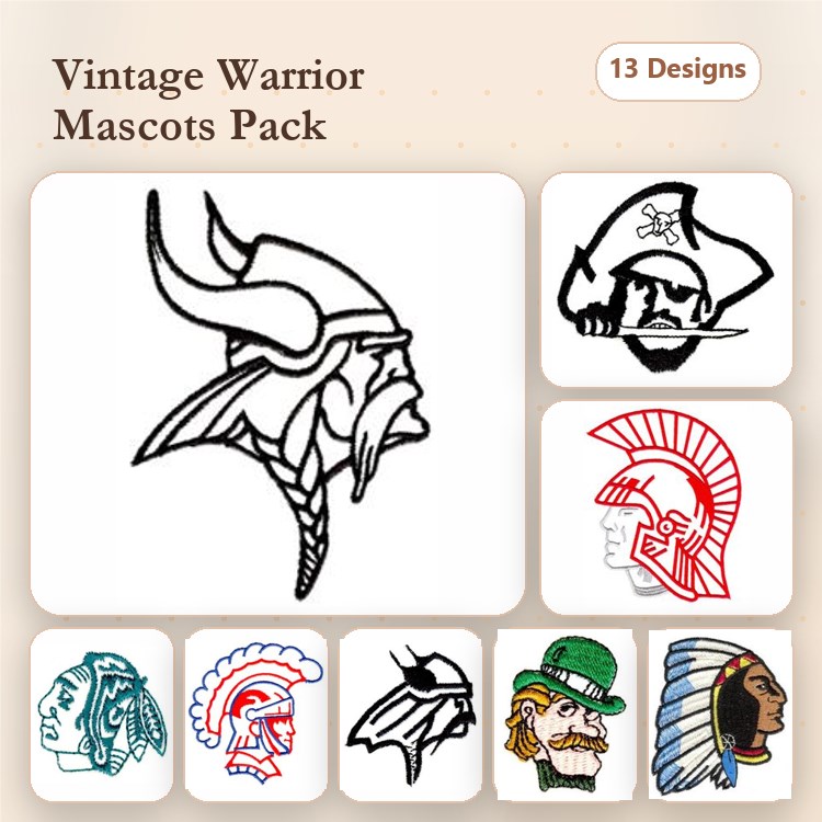 Warrior Mascots Embroidery Designs Bundle – Viking Warrior, Pirate, Spartan Warrior & More (13 Designs)
