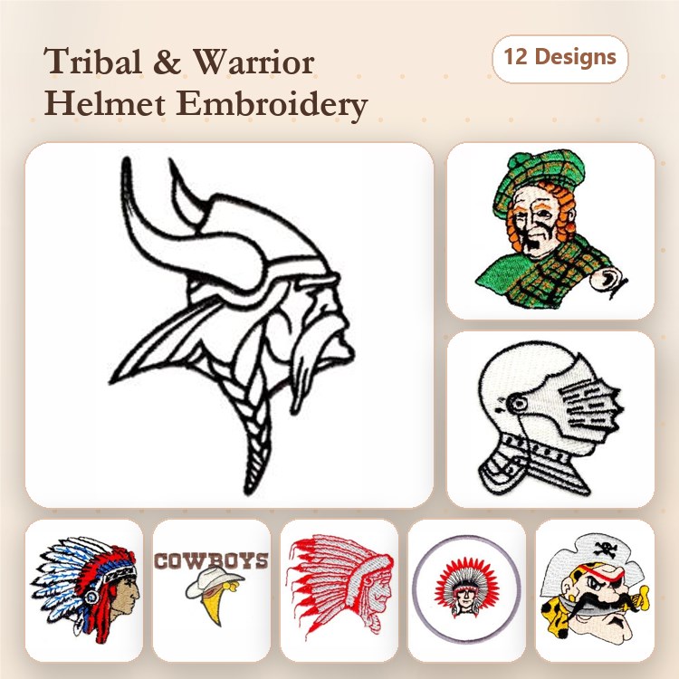 Redwork Warrior and Tribal Helmets Embroidery Designs Bundle – Viking Helmet, Scottish Warrior Helmet, Cowboy Chief & More (12 Designs)