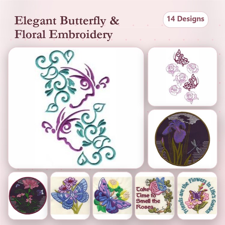 Butterfly & Floral Embroidery Bundle – Elegant Butterfly, Vibrant Butterfly, Garden Flowers & More (14 Designs)