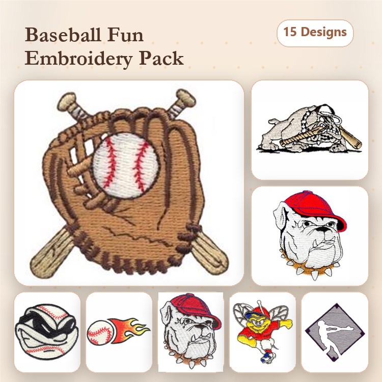 Baseball Embroidery Bundle – Glove, Bat, Player & More (15 Designs)