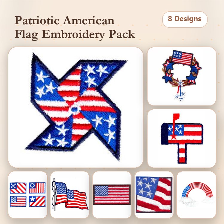 Patriotic American Flag Embroidery Designs Bundle – Pinwheel, Wreath, Mailbox & More (8 Designs)
