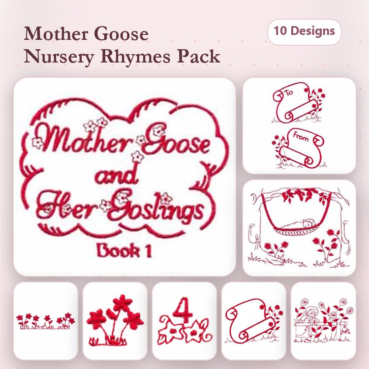 Redwork Nursery Rhymes Embroidery Designs Bundle – Mother Goose and Her Goslings, Floral Motif, & More (10 Designs)