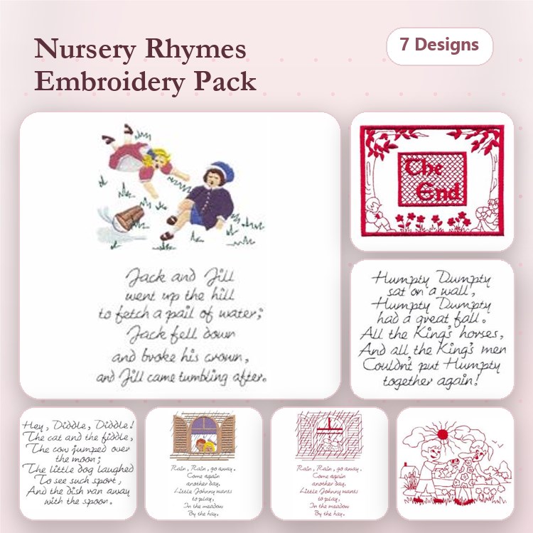 Redwork Nursery Rhymes Embroidery Bundle – Jack and Jill, Humpty Dumpty, Hey Diddle Diddle & More (7 Designs)