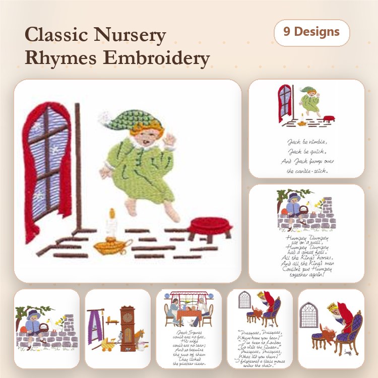 Classic Nursery Rhymes Embroidery Designs Bundle – Hickory Dickory Dock, Little Bo Peep, Mary Had a Little Lamb & More (9 Designs)