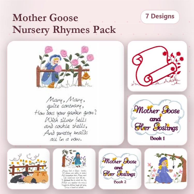 Nursery Rhymes Embroidery Designs Bundle – Mary Mary Quite Contrary, Mother Goose & More (7 Designs)