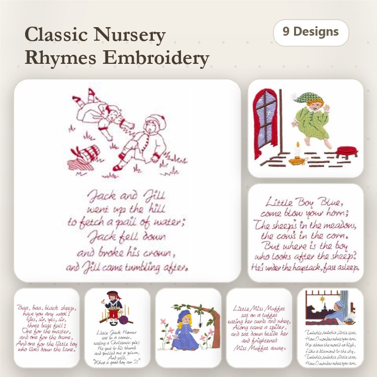 Redwork Classic Nursery Rhymes Embroidery Designs Bundle – Jack and Jill, Little Boy Blue, Mary Had a Little Lamb & More (9 Designs)