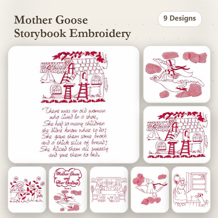 Redwork Mother Goose Storybook Embroidery Designs Bundle – Old Woman in a Shoe, Goose that Laid the Golden Eggs & More (9 Designs)