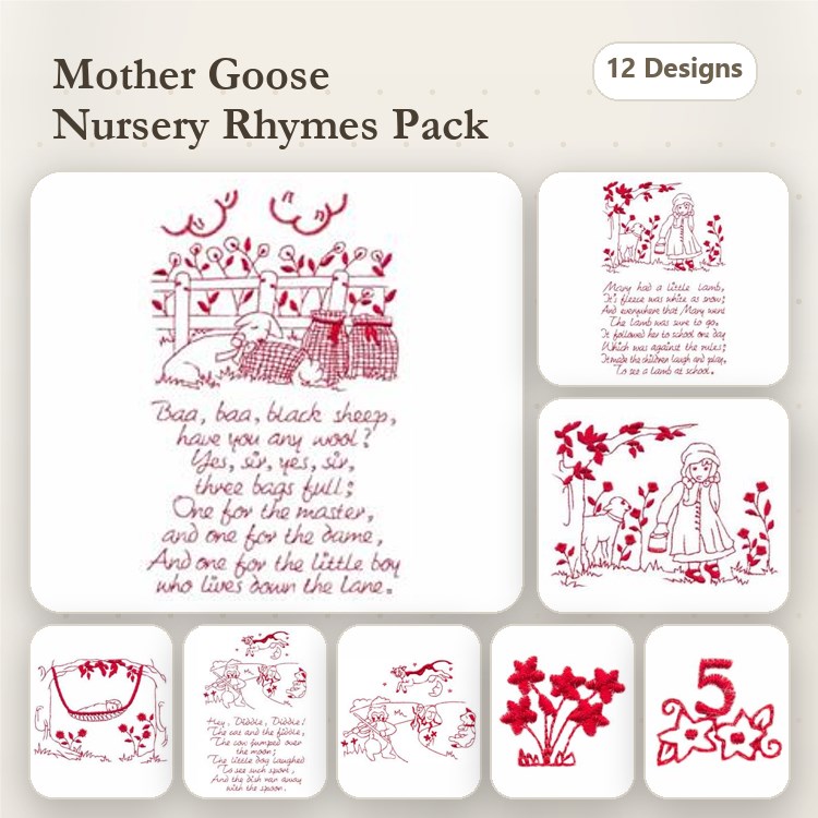 Redwork Nursery Rhymes Embroidery Designs Bundle – Baa Baa Black Sheep, Little Bo Peep, Mary Had a Little Lamb & More (12 Designs)
