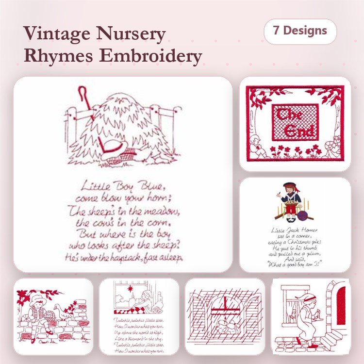 Redwork Vintage Nursery Rhymes Embroidery Designs Bundle – Little Boy Blue, Mary Had a Little Lamb & More (7 Designs)