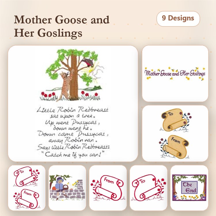 Mother Goose & Goslings Embroidery Designs Bundle – Mother Goose with Goslings, Poem Scroll, To From Tag & More (9 Designs)