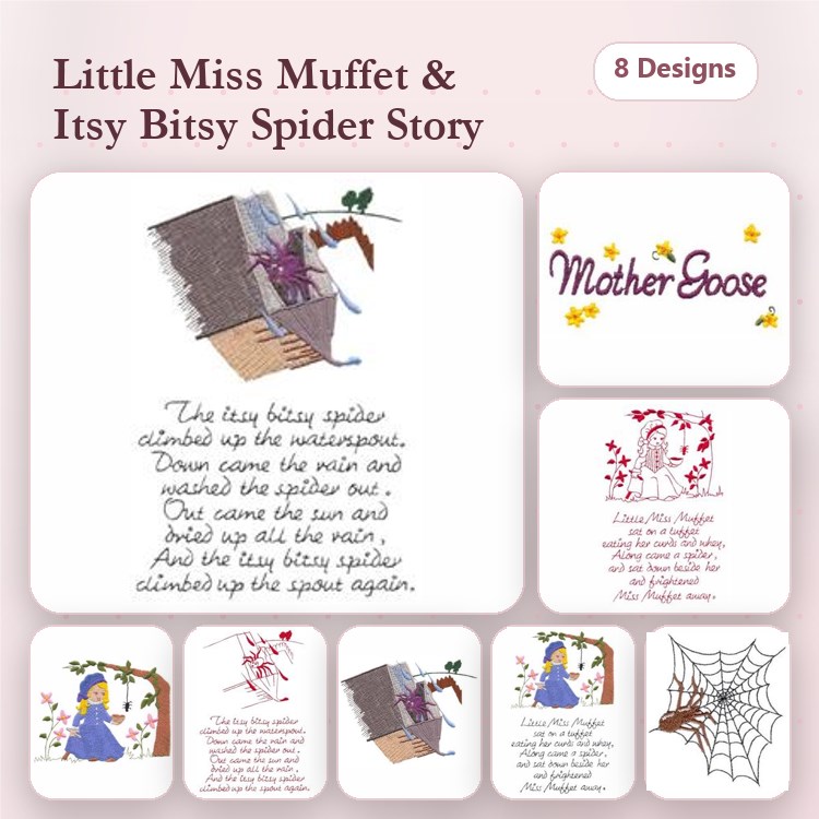 Children's Nursery Rhymes Embroidery Designs Bundle – Little Miss Muffet, Itsy Bitsy Spider, Spider Web & More (8 Designs)