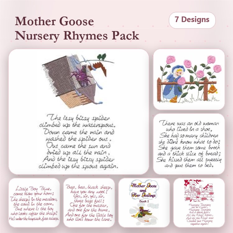 Mother Goose Nursery Rhymes Embroidery Designs Bundle – This Little Pig Went to Market, Jack and Jill, Humpty Dumpty & More (7 Designs)