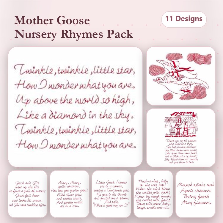 Redwork Nursery Rhymes Embroidery Designs Bundle – Twinkle Twinkle Little Star, Little Boy Blue, Baa Baa Black Sheep & More (11 Designs)