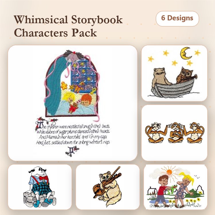 Storybook Characters Embroidery Designs Bundle – Girl with Book, Otter Family in Boat, Dancing Bears & More (6 Designs)
