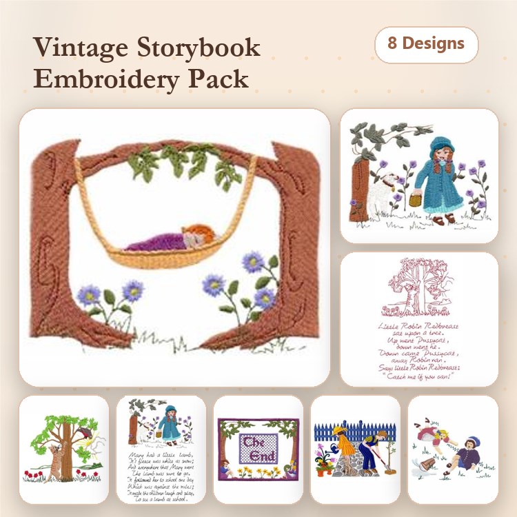 Redwork Vintage Storybook Embroidery Bundle – Girl in Swing, Mother Reading, Boy with Dog & More (8 Designs)