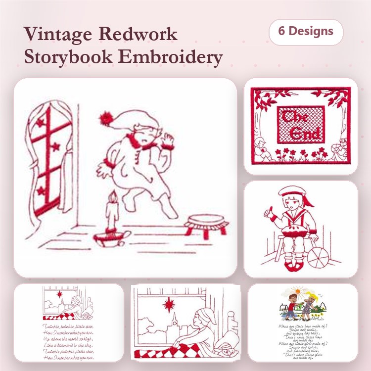 Redwork Vintage Storybook Embroidery Designs Bundle – Child with Candle, Boy with Toy Drum, & More (6 Designs)