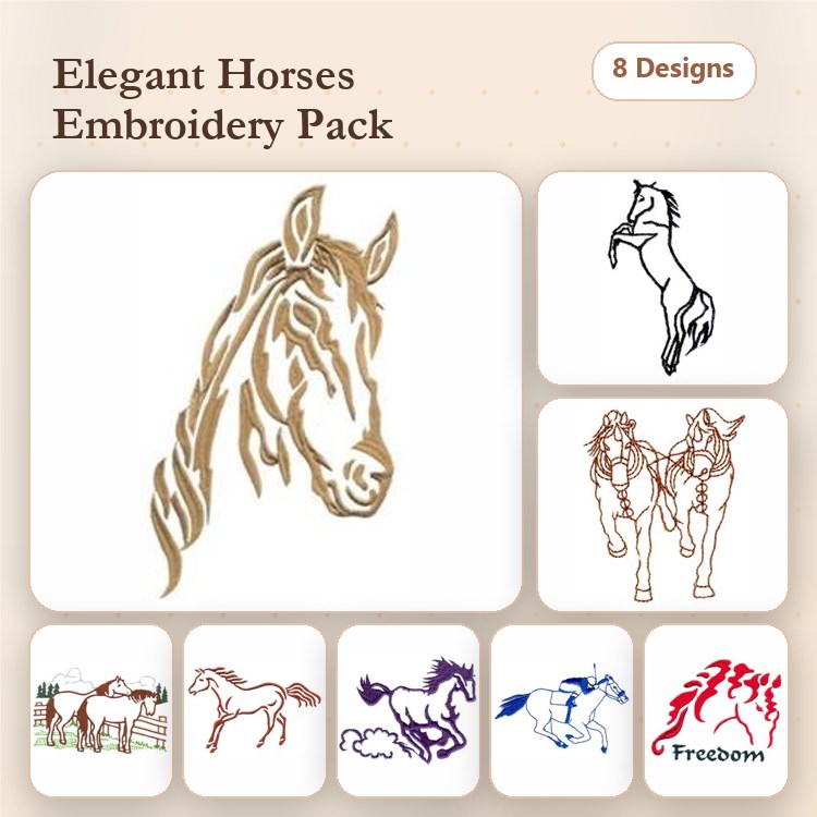 Elegant Horse Embroidery Bundle – Horse Head, Rearing Horse, Galloping Horse & More (8 Designs)
