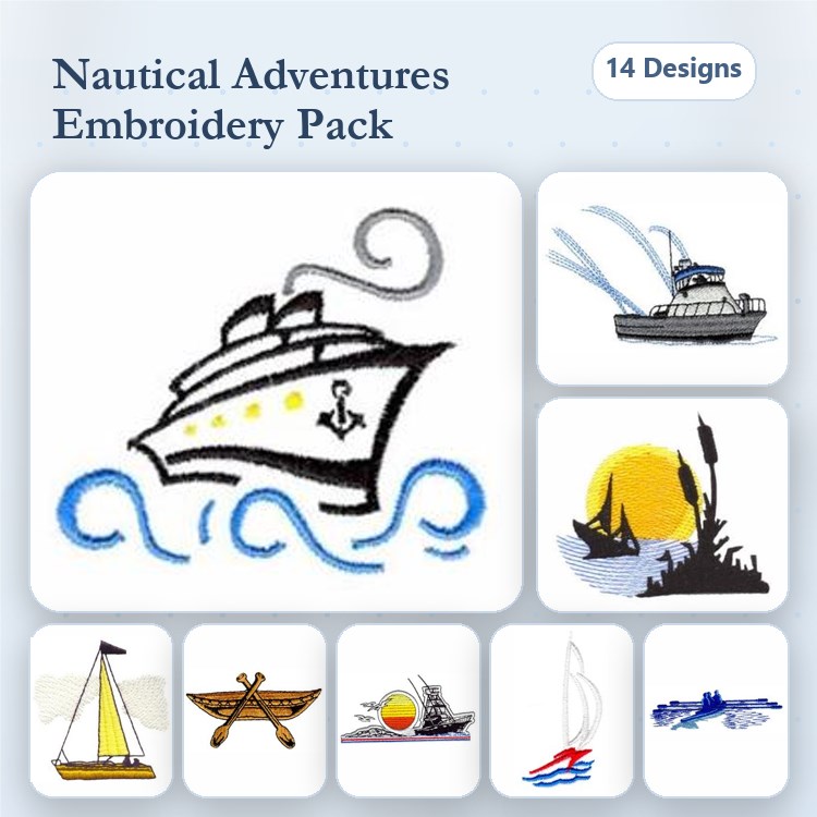 Nautical Embroidery Designs Bundle – Cruise Ship, Fishing Boat, Sailboat, Anchor & More (14 Designs)