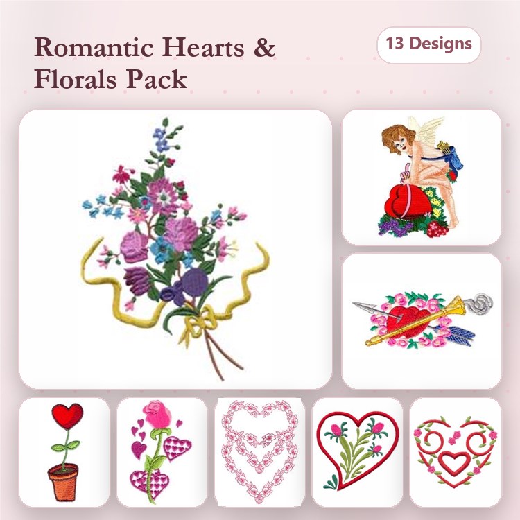 Hearts & Floral Embroidery Designs Bundle – Bouquet of Flowers, Angel with Flowers, Heart with Ribbons & More (13 Designs)