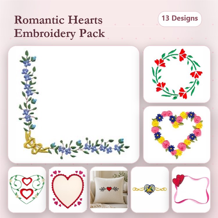 Hearts & Floral Embroidery Bundle – Floral Heart, Heart with Bow, Corner Floral Embellishment & More (13 Designs)