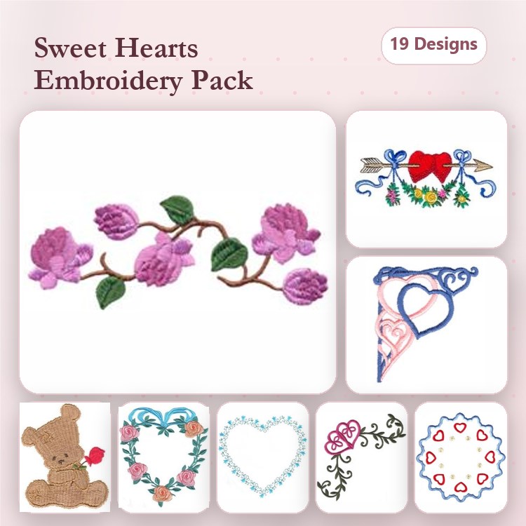 Floral Heart Embroidery Designs Bundle – Floral Heart Border, Lace Heart, Gift Bow & More (19 Designs)