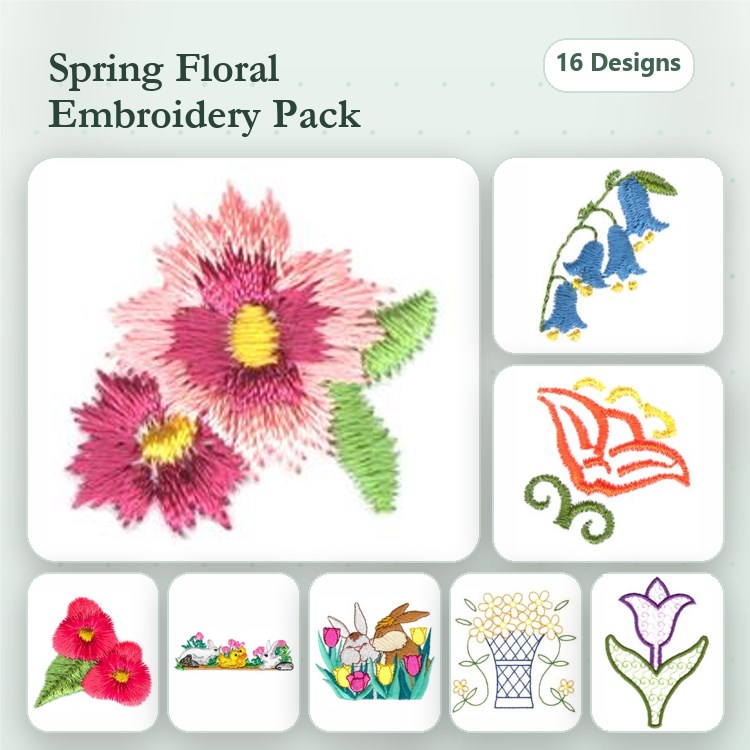 Spring Floral Embroidery Designs Bundle – Pink Floral Blossom, Bellflower, Daisy Bouquet & More (16 Designs)