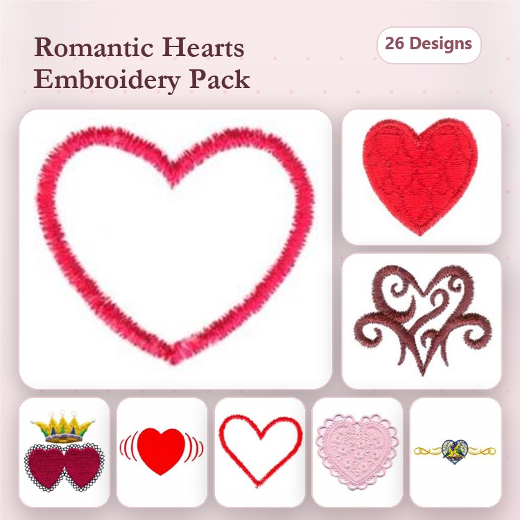 Heart Embroidery Designs Bundle – Fluffy Heart Outline, Quilted Heart, Swirly Heart & More (26 Designs)