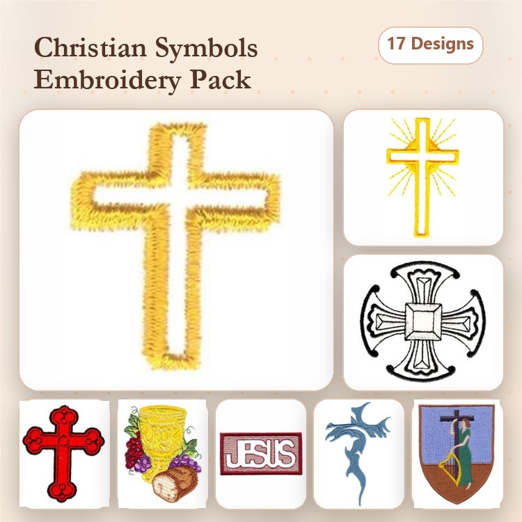Christian Symbols Embroidery Designs Bundle – Cross with Yellow Outline, Red Cross, Fancy Cross & More (17 Designs)