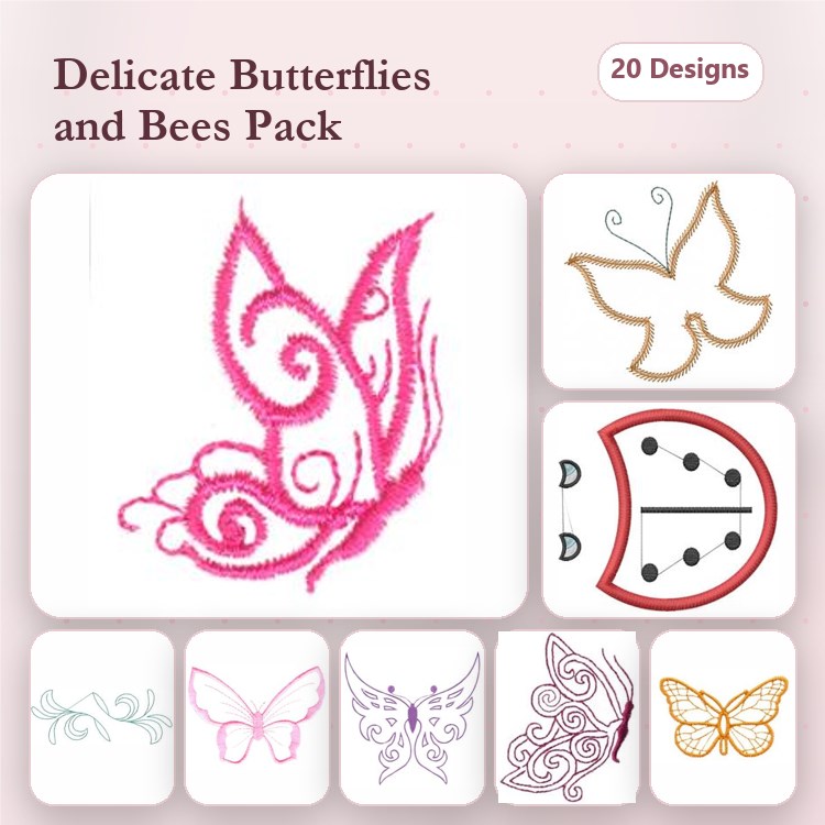 Delicate Butterflies & Bees Embroidery Bundle – Swirly Butterfly, Outline Butterfly, Ladybug & More (20 Designs)