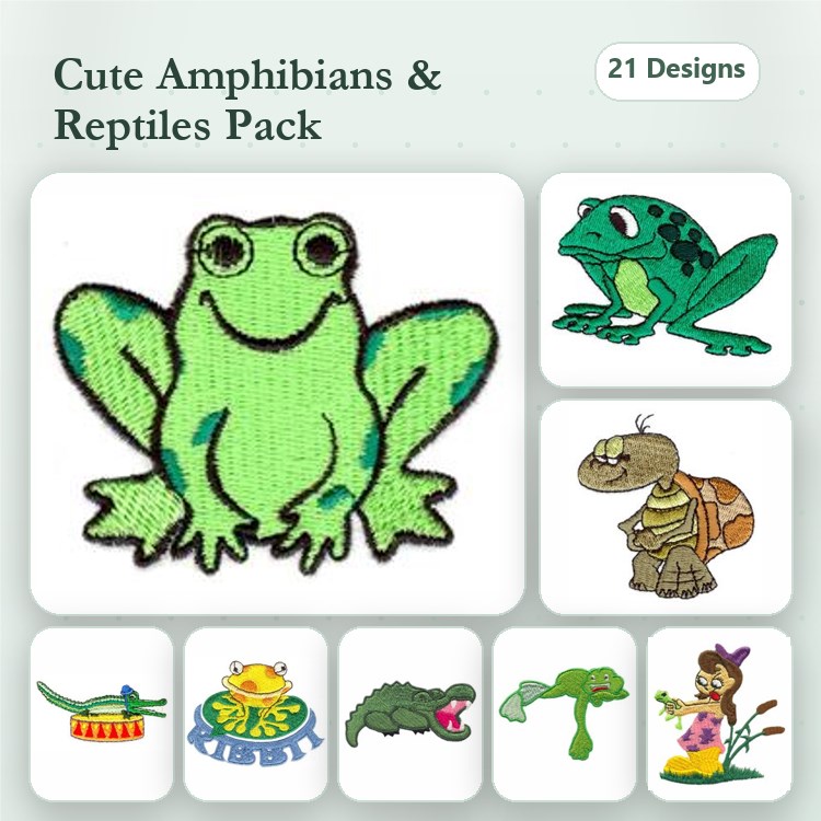 Amphibians and Reptiles Embroidery Designs Bundle – Smiling Green Frog, Cartoon Frog, Turtle & More (21 Designs)
