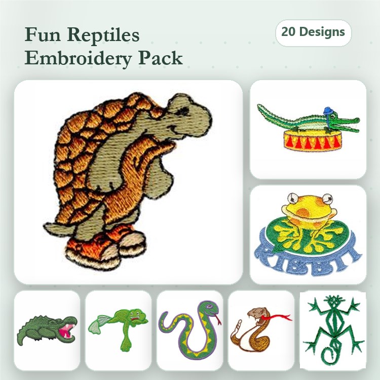 Fun Reptiles Embroidery Designs Bundle – Turtle, Frog, Crocodile & More (20 Designs)