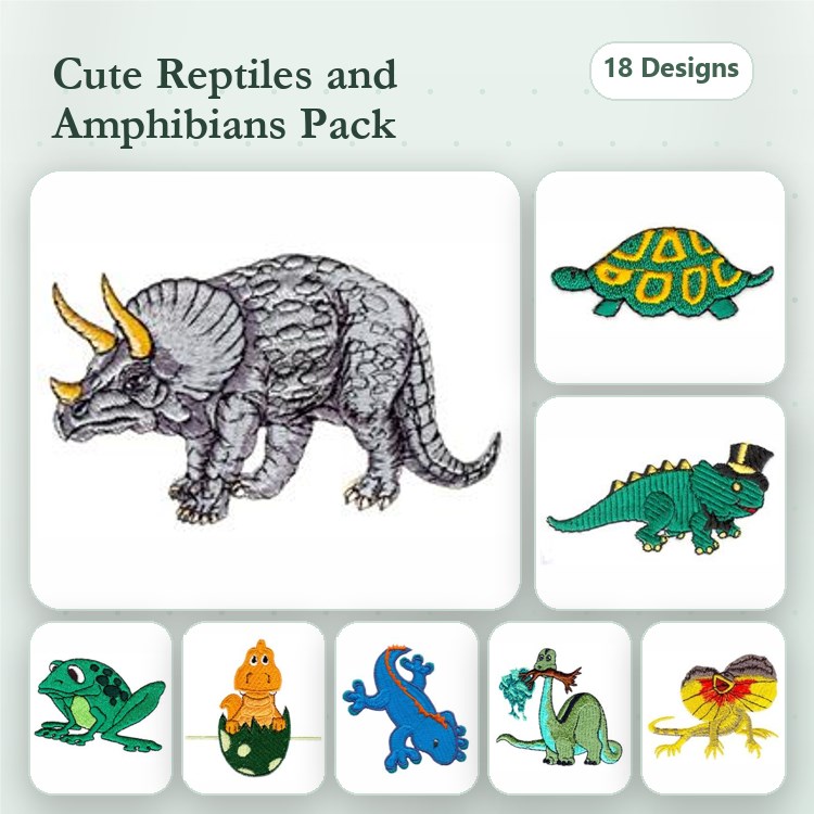 Cute Reptiles & Amphibians Embroidery Designs Bundle – Triceratops, Turtle, Dinosaur with Hat & More (18 Designs)