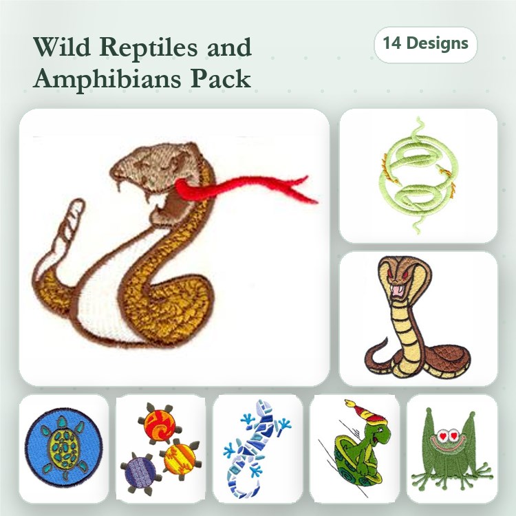 Wild Reptiles and Amphibians Embroidery Designs Bundle – Snake, Turtle, Frog & More (14 Designs)