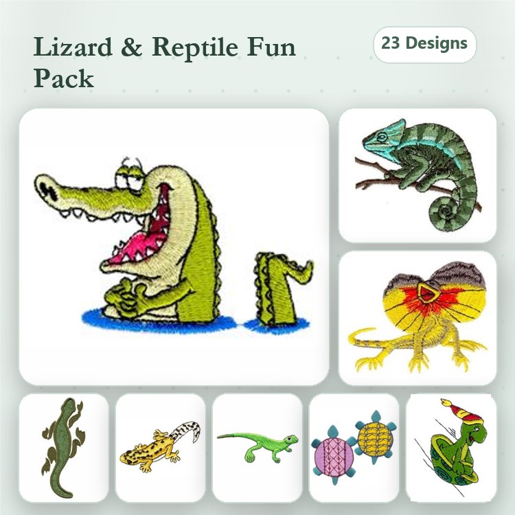 Lizards & Reptiles Embroidery Designs Bundle – Crocodile, Chameleon, Iguana & More (23 Designs)