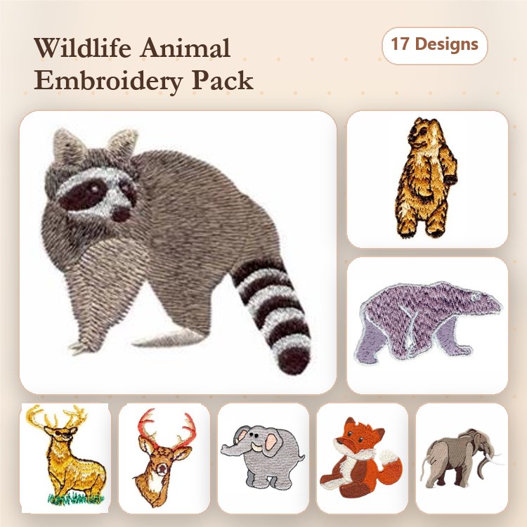 Wildlife Animals Embroidery Bundle – Raccoon, Bear, Badger, Deer, Elephant, Fox & More (17 Designs)