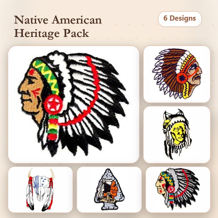 Native American Heritage Embroidery Bundle – Chief, Woman with Headdress, Traditional Face & More (6 Designs)